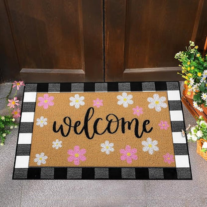 Tinideya 2 Pcs Spring Welcome Door Mat Outdoor Pink Flower Doormats - Image 8