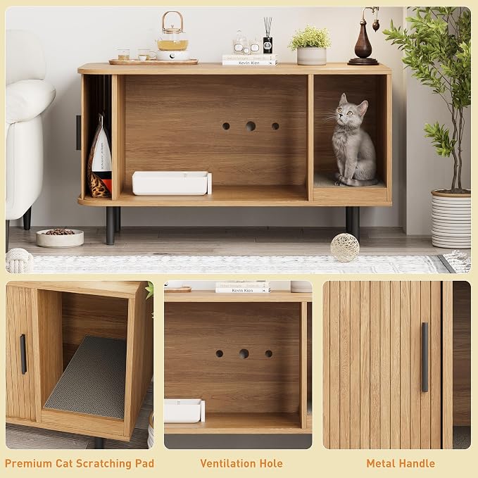 Cat Litter Box Enclosure with Cat Scratch Pad, Sliding Door, 37.4" Litter Box - Image 4
