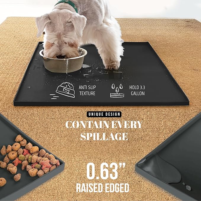 AVERYDAY 100% Waterproof Thicker Silicone Dog Food Mat, 0.63'' Raised Edge Bowl - Image 3