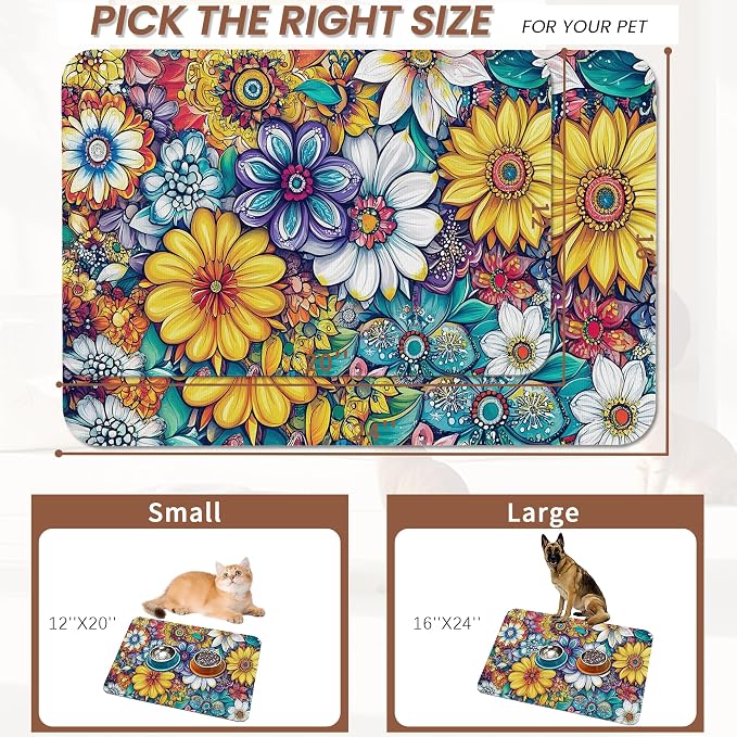 Floral Dog Food Mat for Floors, Cute Mandala Flower Absorbent Quick-Dry Pet - Image 2