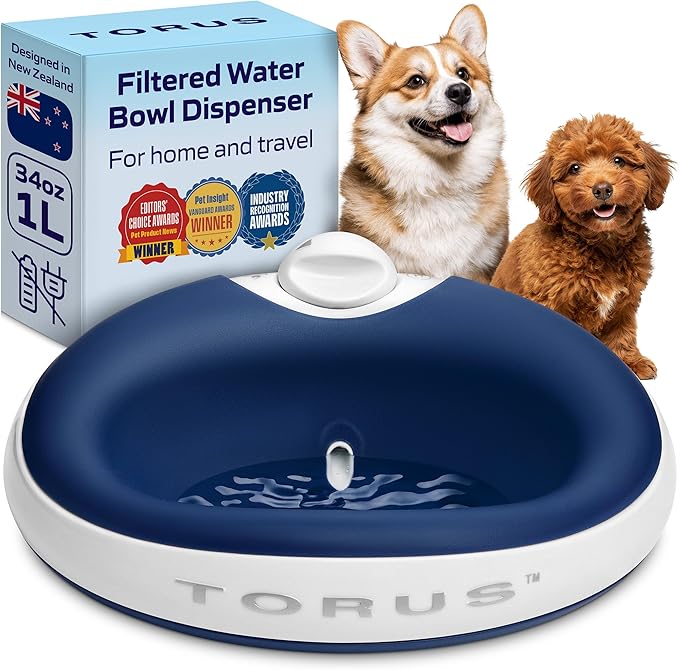 Filtered Portable Dog Water Dispenser, 1L / 34oz, Automatic Pet Water Dispenser by TORUSPET