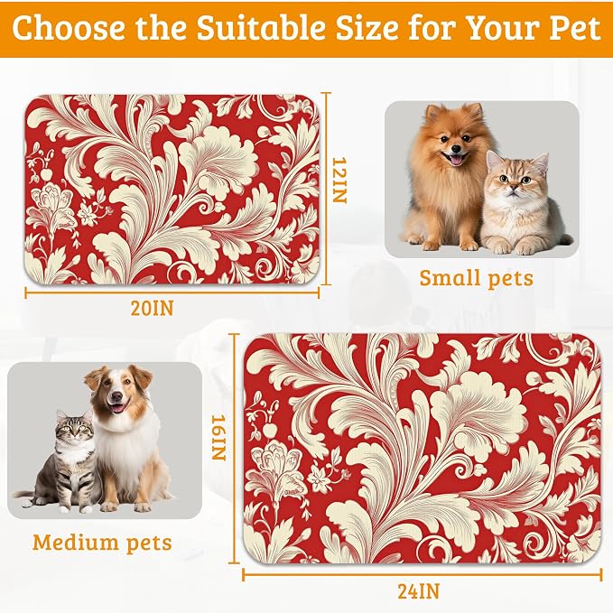 Red White Flower Feeding Mat, Paisley Absorbent Quick-Dry Cat Dog Food and - Image 6