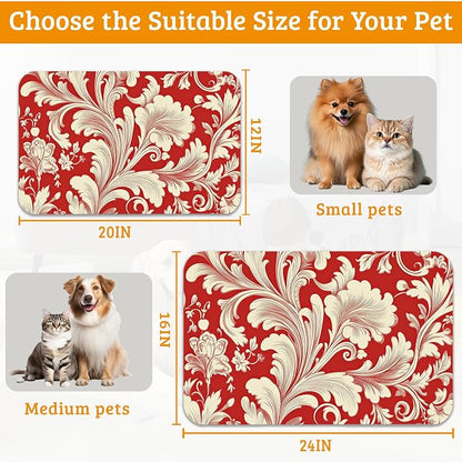 Red White Flower Feeding Mat, Paisley Absorbent Quick-Dry Cat Dog Food and - Image 6