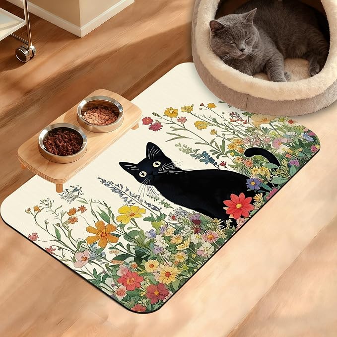 Dog Bowl Mat, Cat Black Pet Feeding Mat by Unknown