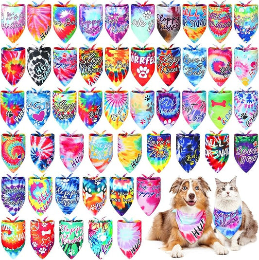 50 Pcs Tie Dye Dog Bandanas Bulk Pet Bibs Colorful Triangle Scarf Tie Dye by Huhumy