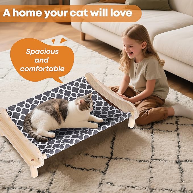 Elevated Wooden Cat Bed – 24"x15.7"x5.9" Breathable Hammock Pet Bed - Image 6