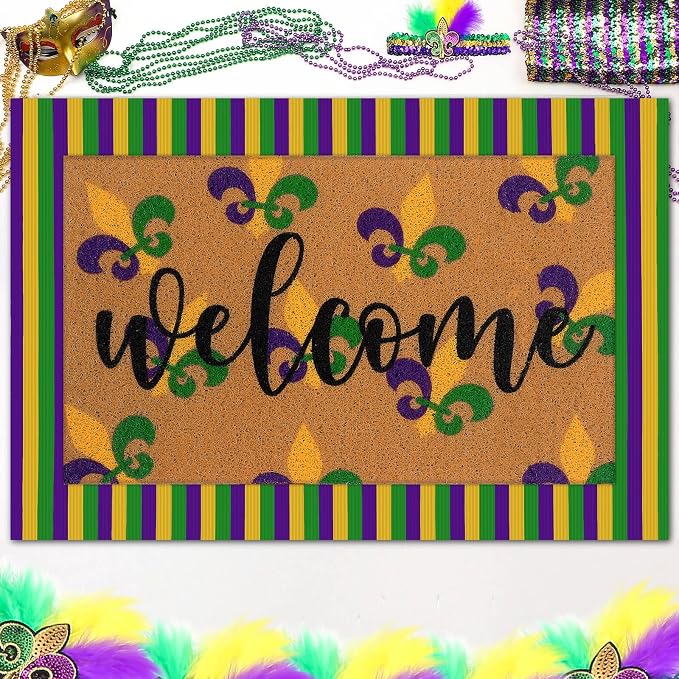 Tinideya 2 Pcs Mardi Gras Door Mat Carnival Welcome Non Slip Coir Mats Purple - Image 6