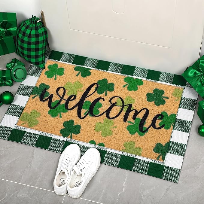Tinideya 2 Pcs St. Patrick Day Door Mat Welcome Non Slip Coir Mats Clover by Tinideya