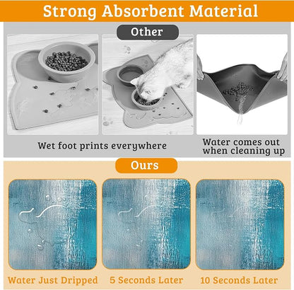 Pet Feeding Mat, Art Painting Absorbent Dog Cat Food Mat Grey Blue Dog Mat - Image 3