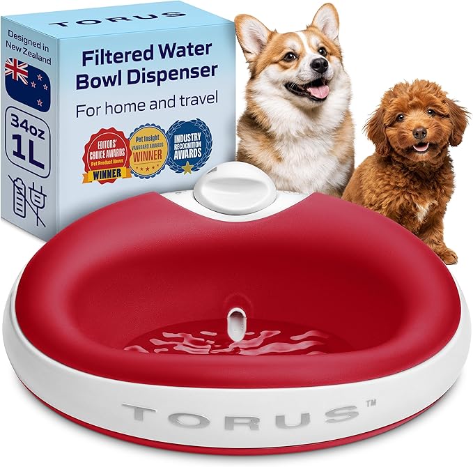 Filtered Portable Dog Water Dispenser, 1L / 34oz, Automatic Pet Water Dispenser by TORUSPET