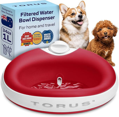 Filtered Portable Dog Water Dispenser, 1L / 34oz, Automatic Pet Water Dispenser by TORUSPET