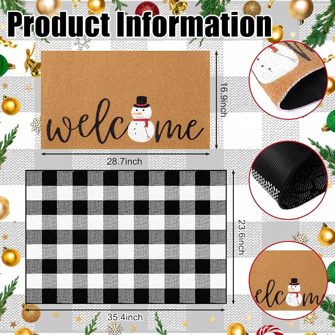 Tinideya 2 Pcs Winter Door Mat Snowman Welcome Non Slip Coir Mats Snow Black - Image 2