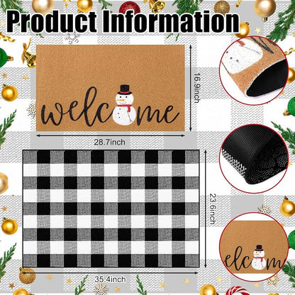 Tinideya 2 Pcs Winter Door Mat Snowman Welcome Non Slip Coir Mats Snow Black - Image 2