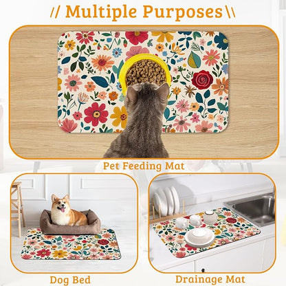 Colorful Flower Feeding Mat, Groovy Wildflowers Absorbent Quick-Dry Cat Dog - Image 7