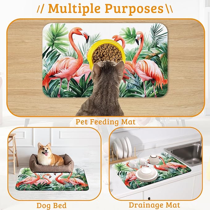 Pink Flamingo Dog Food Mat, Plam Leaves Absorbent Pet Feeding Mat - Image 7