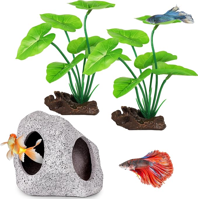 MyLifeUNIT Fish Tank Decor, Silk Aquarium Plants and Hideaway Rock Cave Decor by MyLifeUNIT