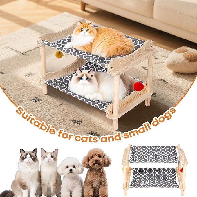 2-Layer Cat Hammock Bed, Breathable Washable Covers, Wooden Pet Furniture - Image 7