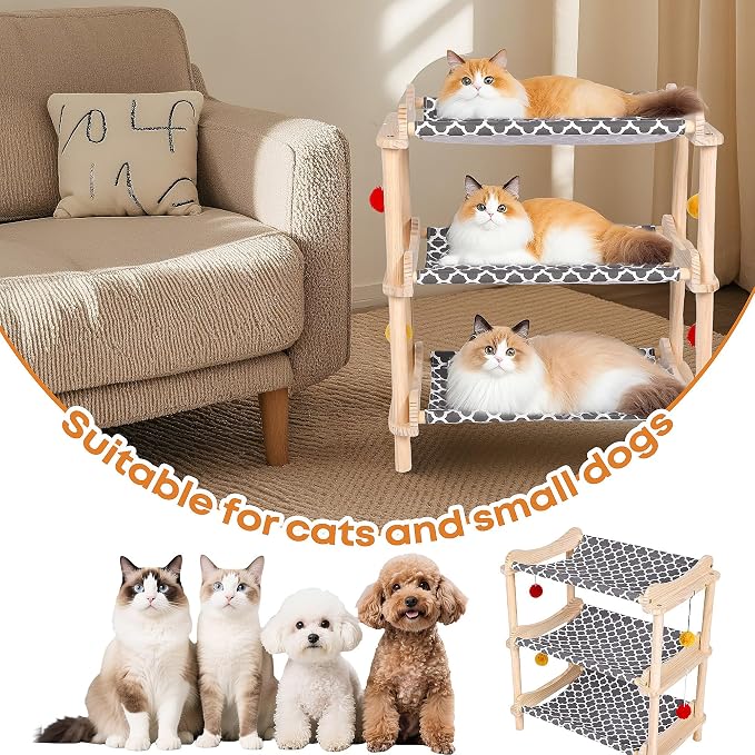 Large 3-Layer Cat Hammock Bed, Breathable Washable Covers, Wooden Pet Furniture - Image 8