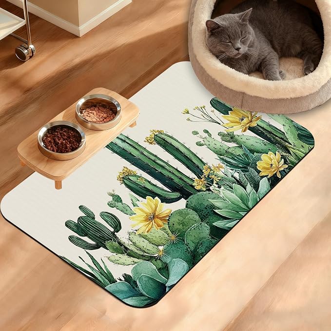 Tropical Cactuses Feeding Mat, Blooming Succulents Absorbent Quick-Dry Cat Dog by Unknown