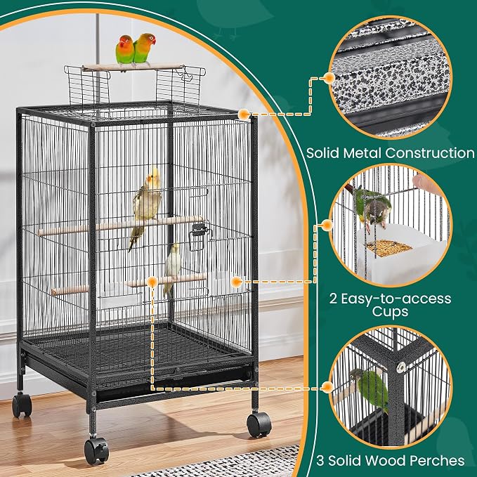 Yaheetech 35 inch Wrought Iron Bird Cage w/Play Open Top and Rolling Stand - Image 5