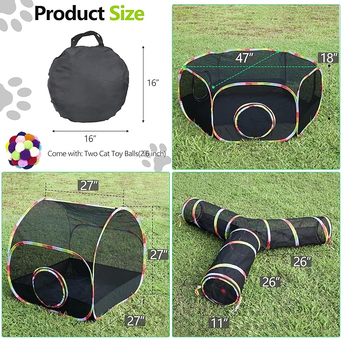 Outdoor Cat Enclosure with Cat Tunnel, Playhouse and Cat Toy Ball with Bell - Image 2