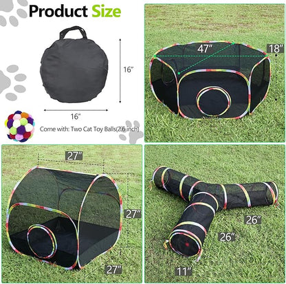 Outdoor Cat Enclosure with Cat Tunnel, Playhouse and Cat Toy Ball with Bell - Image 2