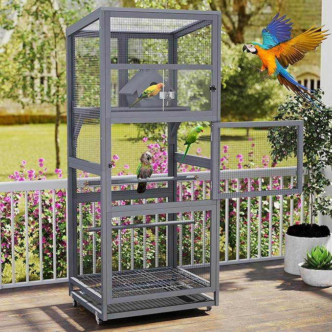 Coziwow 68" H Large Wood Bird Cage on Wheels, Outdoor Bird Aviary Indoor Wooden - Image 5