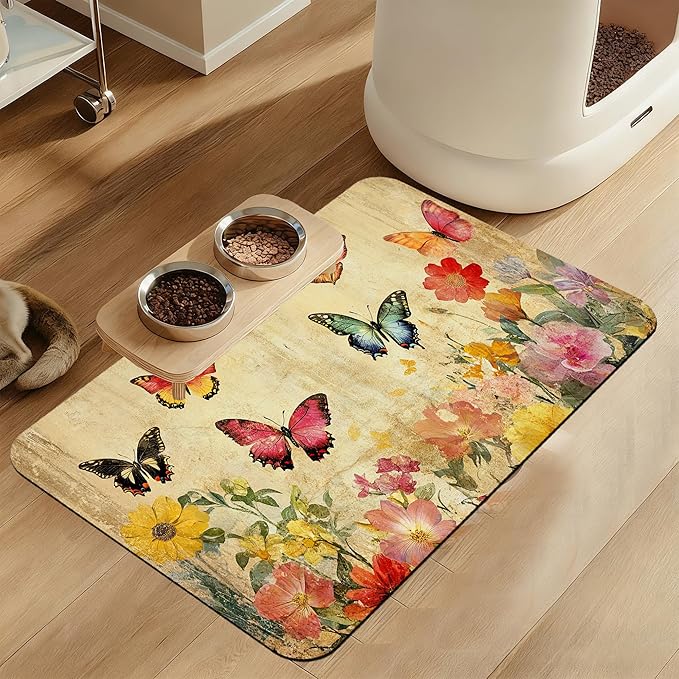 Vintage Butterfly Floral Pet Food Mat by LUTASER