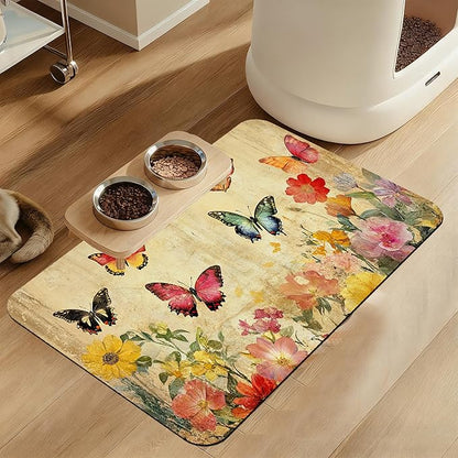Vintage Butterfly Floral Pet Food Mat by LUTASER