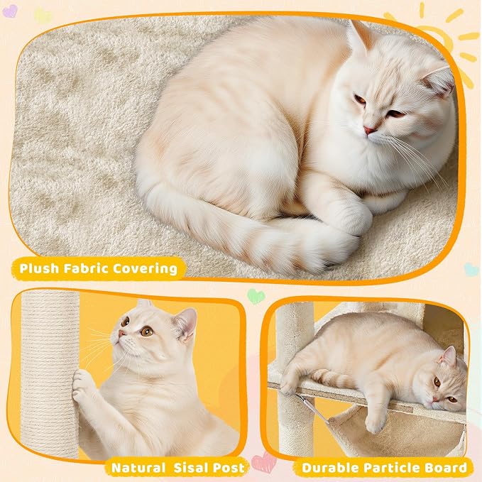 Yaheetech Cat Tree, 67in Large Tower w/ 3 Removable Teaser Sticks, 2 Kitten-Ear - Image 5