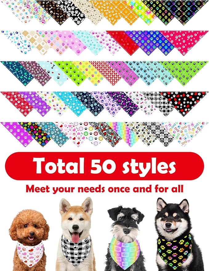 PET SHOW 50 Pack Paw Pattern Big Dog Bandanas Bulk XL Washable Triangle Bibs - Image 3