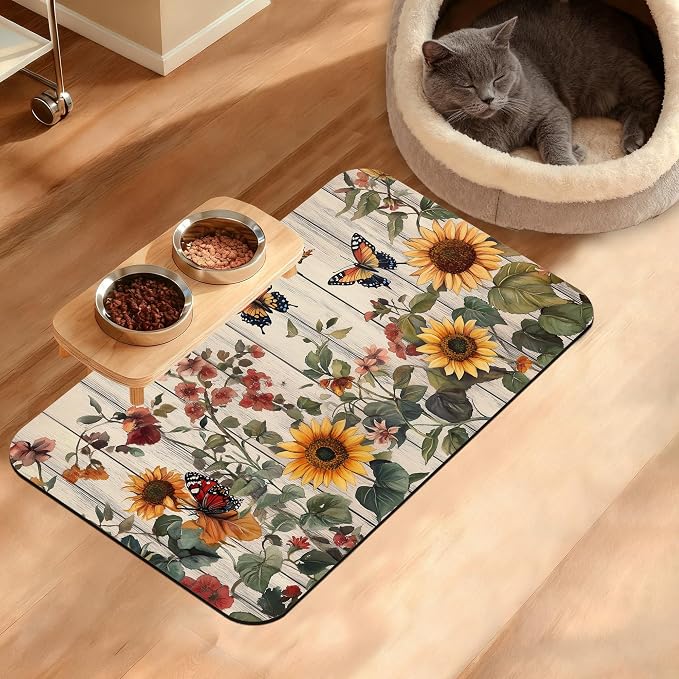 Pet Feeding Mat, Vintage Flower Absorbent Dog Cat Food Mat Rustic Wooden Dog Mat by Unknown