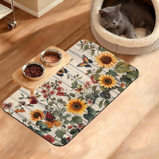 Pet Feeding Mat, Vintage Flower Absorbent Dog Cat Food Mat Rustic Wooden Dog Mat by Unknown