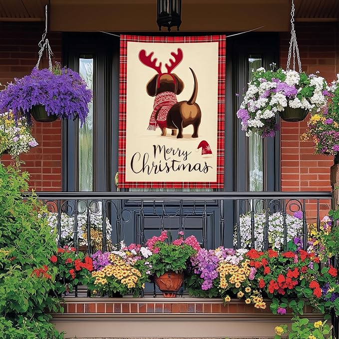 Merry Christmas Garden Flag Back View Dog Reindeer Antlers 28 x 40 Inch Double - Image 2