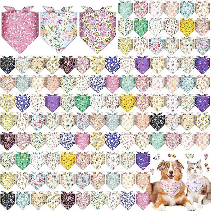 Reginary 120 Packs Spring Dog Bandanas Bulk Flower Dog Scarf Adjustable Holiday by Reginary
