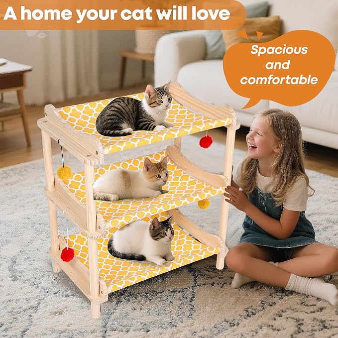 Large 3-Layer Cat Hammock Bed, Breathable Washable Covers, Wooden Pet Furniture - Image 6
