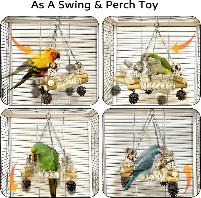 Large Bird Swing for Cage with Chew Toys, 3 Sisal-Wrapped Bird Perches & Stable - Image 2