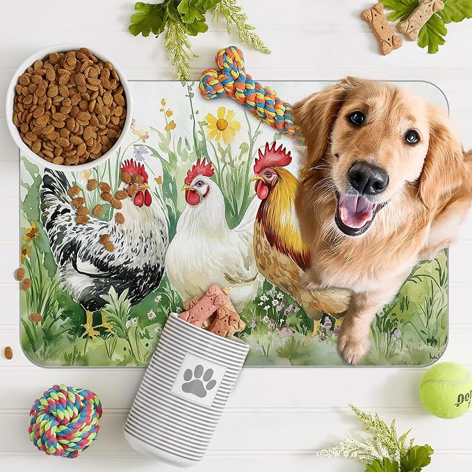 Chicken Rooster Dog Food Mat for Floors, Farm FlowerAbsorbent Pet Food and - Image 7