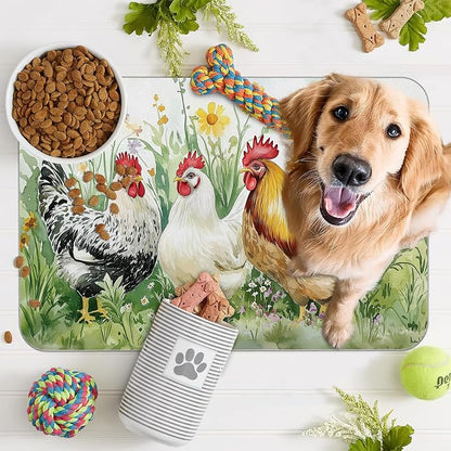 Chicken Rooster Dog Food Mat for Floors, Farm FlowerAbsorbent Pet Food and - Image 7
