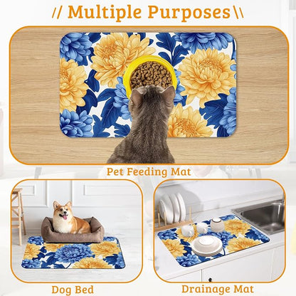 Blue Yellow Flowers Dog Food Mat, Absorbent Pet Feeding Mat - Image 7