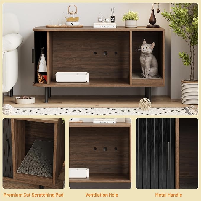 Cat Litter Box Enclosure with Cat Scratch Pad, Sliding Door, 37.4" Litter Box - Image 4