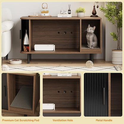 Cat Litter Box Enclosure with Cat Scratch Pad, Sliding Door, 37.4" Litter Box - Image 4