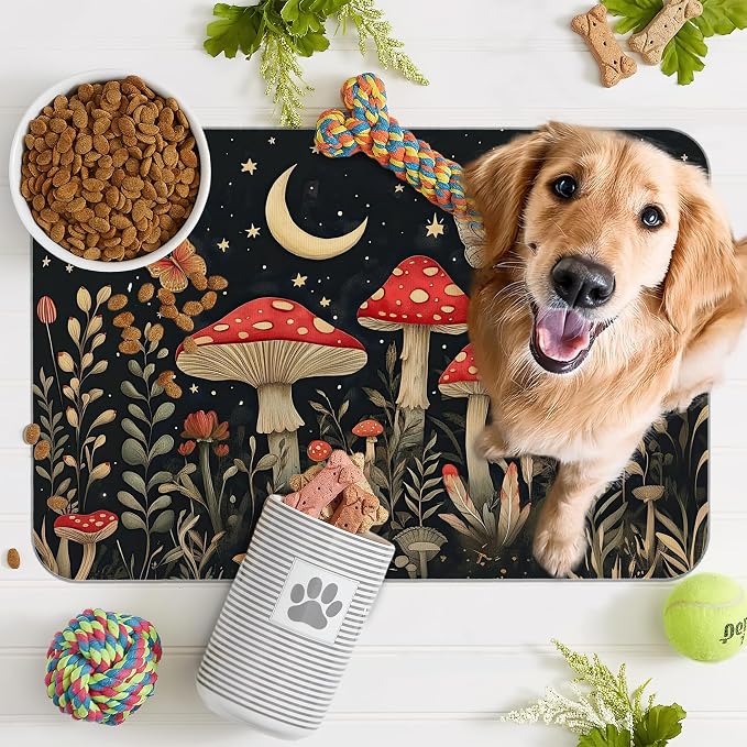 Red Mushrooms Pet Feeding Mat, Wildflower Plant Butterfly Absorbent Quick-Dry - Image 7