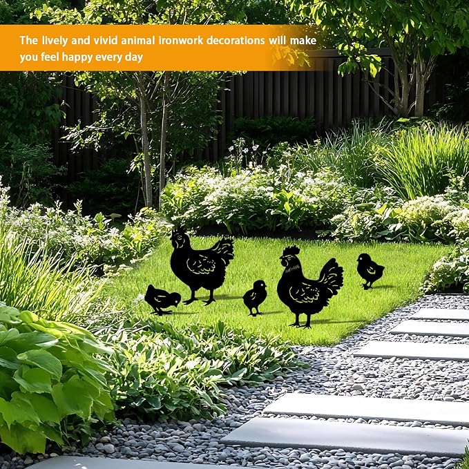 5 Pack Chicken Metal Garden Decorative Stakes, Weather Proof Silhouette Statues - Image 6