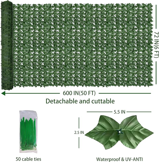 Artificial Fence Privacy Screen: 6FT x 50FT UV-Anti Faux Greenery Backdrop Ivy - Image 2