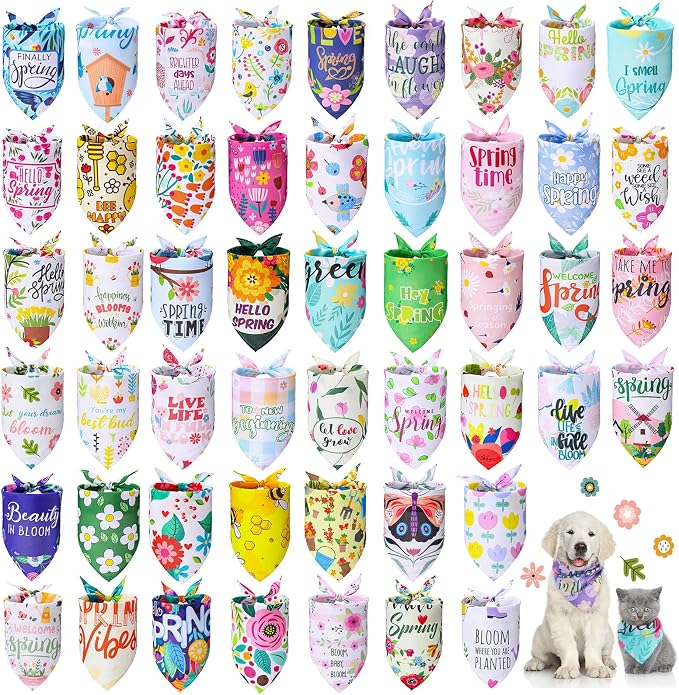 Chunful 50 Pcs Spring Dog Bandanas Bulk Flora Dog Bandanas Pet Triangle Scarf by Chunful