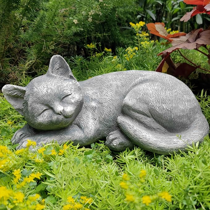 Garden Sleeping Cat Memorial Stone Cat Grave Marker Remembrance Kitten Statues - Image 2