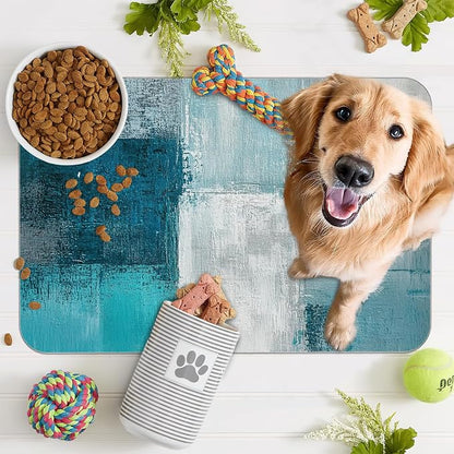 Turquoise Grey Dog Cat Food Mat, Teal Modern Art Absorbent Pet Feeding Mat - Image 7