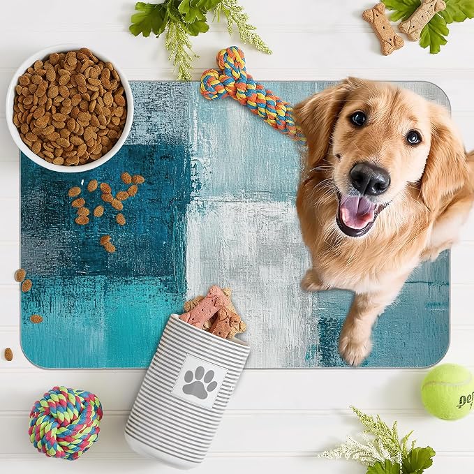Turquoise Grey Dog Cat Food Mat, Teal Modern Art Absorbent Pet Feeding Mat - Image 7