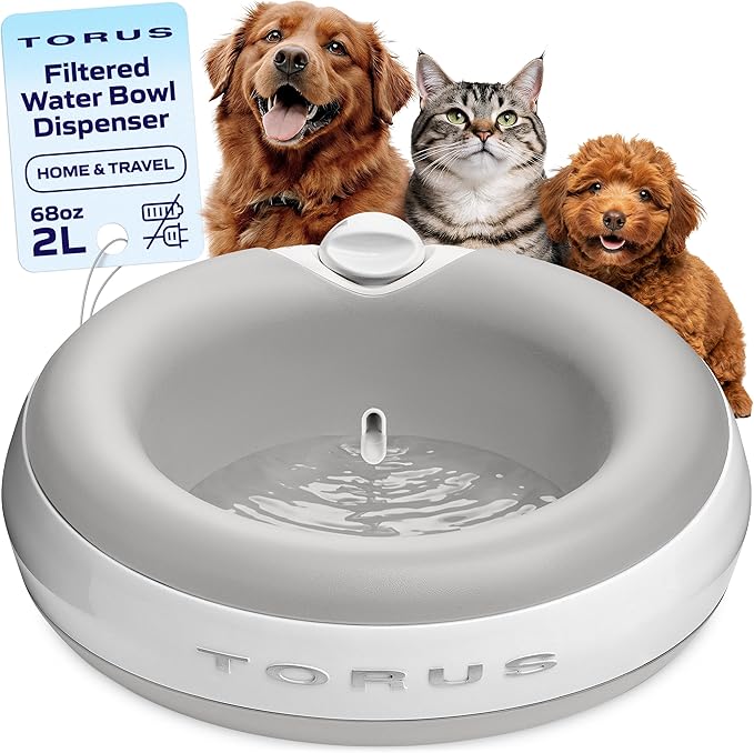 Filtered Portable Dog Water Dispenser, 2L / 68oz, Automatic Pet Water Dispenser by TORUSPET